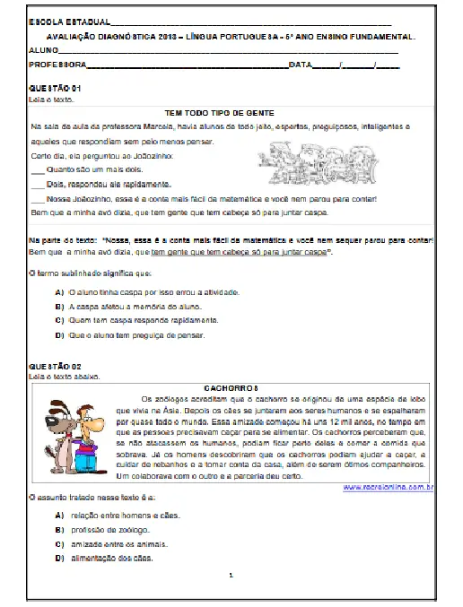 Avaliação Diagnóstica Língua Portuguesa para o 5º Ano