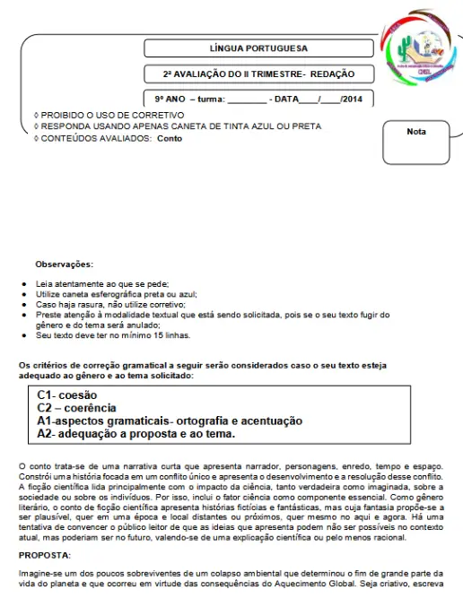 Avaliação L P Produção Textual de Contos para o 9º Ano