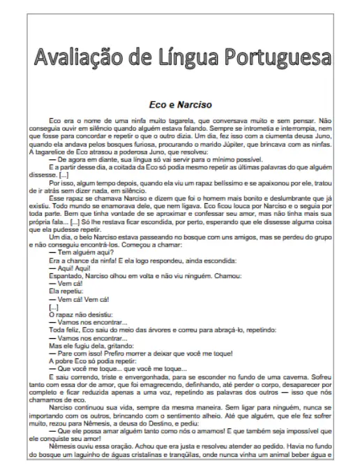 Avaliação de Português Mito de Eco e Narciso
