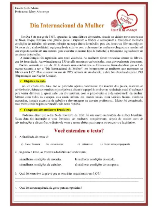 Dia Internacional da Mulher e Interpretação de Texto