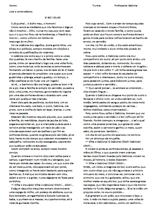 Atividade de Interpretação Conto "O Boi Velho"