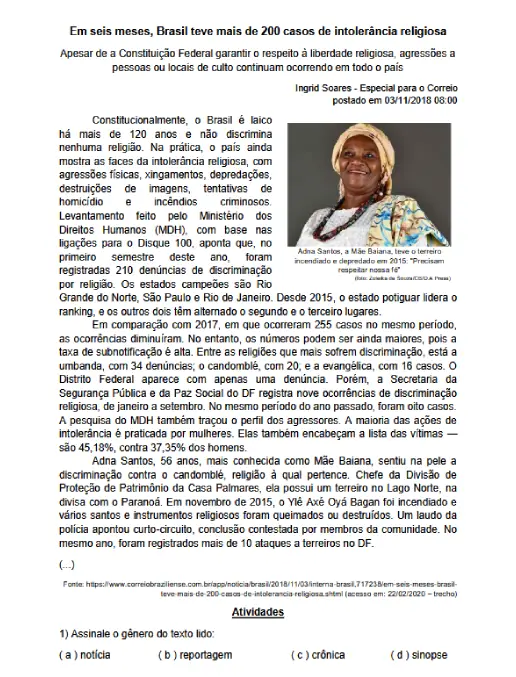 Interpretação de Texto Intolerância Religiosa no Brasil