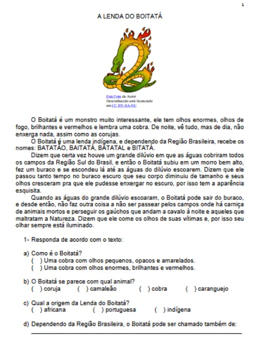 Atividade de Interpretação e Alfabetização A Lenda do Boitatá