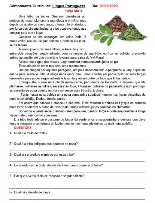 Lenda da Erva-Mate Leitura e Interpretação de Texto