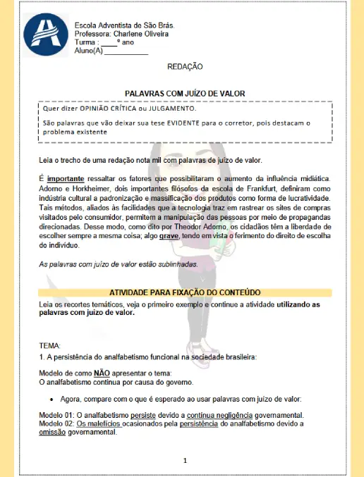 Palavras com Juízo de Valor na Redação Ensino Médio