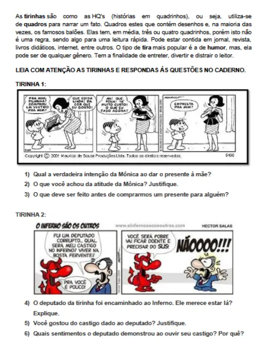 Textos com Tirinhas Desenvolvendo o Senso Crítico
